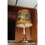 A VINTAGE BEER PULL TABLE LAMP, with hunting scene and matching shade