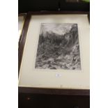 A FRAMED PRINT DEPICTING A MOUNTAINSIDE SCENE WITH DEER IN FOREGROUND SIGNED L. FAUSTNER