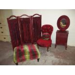 AN UPHOLSTERED STOOL, UPHOLSTERED CHAIR, FOLDING SCREEN + A BEDSIDE (4)