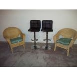 A PAIR OF CHROME CHAIRS + TWO WICKER CHAIRS