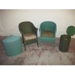 TWO LLOYD LOOM STYLE CHAIRS AND TWO LINEN BOXES