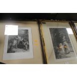 A FRAMED AND GLAZED ENGRAVING DEPICTING A MOTHER AND CHILD OUTSIDE A CHURCH, together with a