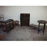 A QUANTITY OF ASSORTED FURNITURE TO INCLUDE A THREE TIER TROLLEY, BUREAU, STOOL ETC. (5)