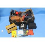 A BOX OF ASSORTED COLLECTABLES TO INCLUDE CAMERAS, BINOCULARS ETC.