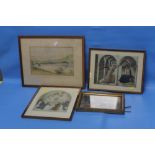 A SMALL ANTIQUE OIL PAINTING ON BOARD TOGETHER WITH A WATERCOLOUR AND TWO ANTIQUE PRINTS (4)