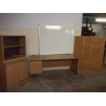 A MODERN OFFICE DESK, PAIR OF CABINETS AND A WHITEBOARD