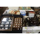 TWO TRAYS OF CERAMICS TOGETHER WITH A THIMBLE COLLECTION