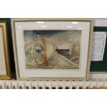 A FRAMED WATERCOLOUR "SURREAL HARBOUR" SIGNED ADRIAN HILL