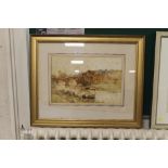 A FRAMED WATERCOLOUR OF A RIVERSIDE SCENE SIGNED JOHN TERRIS A/F