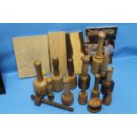 A COLLECTION OF WOODCARVING MALLETS (11) TOGETHER WITH WOOD BLANKS AND OTHER ACCESSORIES