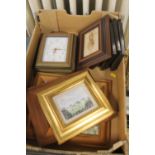 A BOX OF ASSORTED FRAMED PICTURES AND PRINTS
