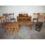 A QUANTITY OF ASSORTED FURNITURE TO INCLUDE COFFEE TABLE, SMALL DROPLEAF TABLE, CHAIRS ETC. (10)