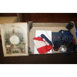 A BOX OF COLLECTABLES TO INCLUDE UNION JACK FLAG, TIES ETC.