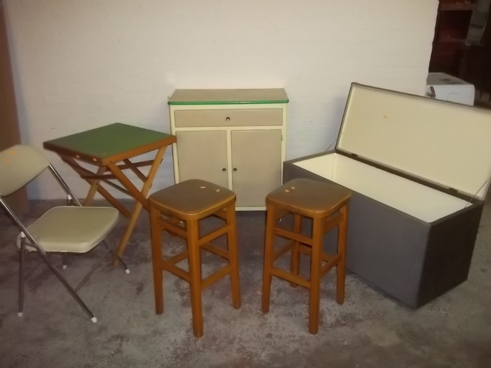 A 1960S STYLE CABINET, TWO STOOLS ETC.