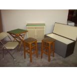 A 1960S STYLE CABINET, TWO STOOLS ETC.