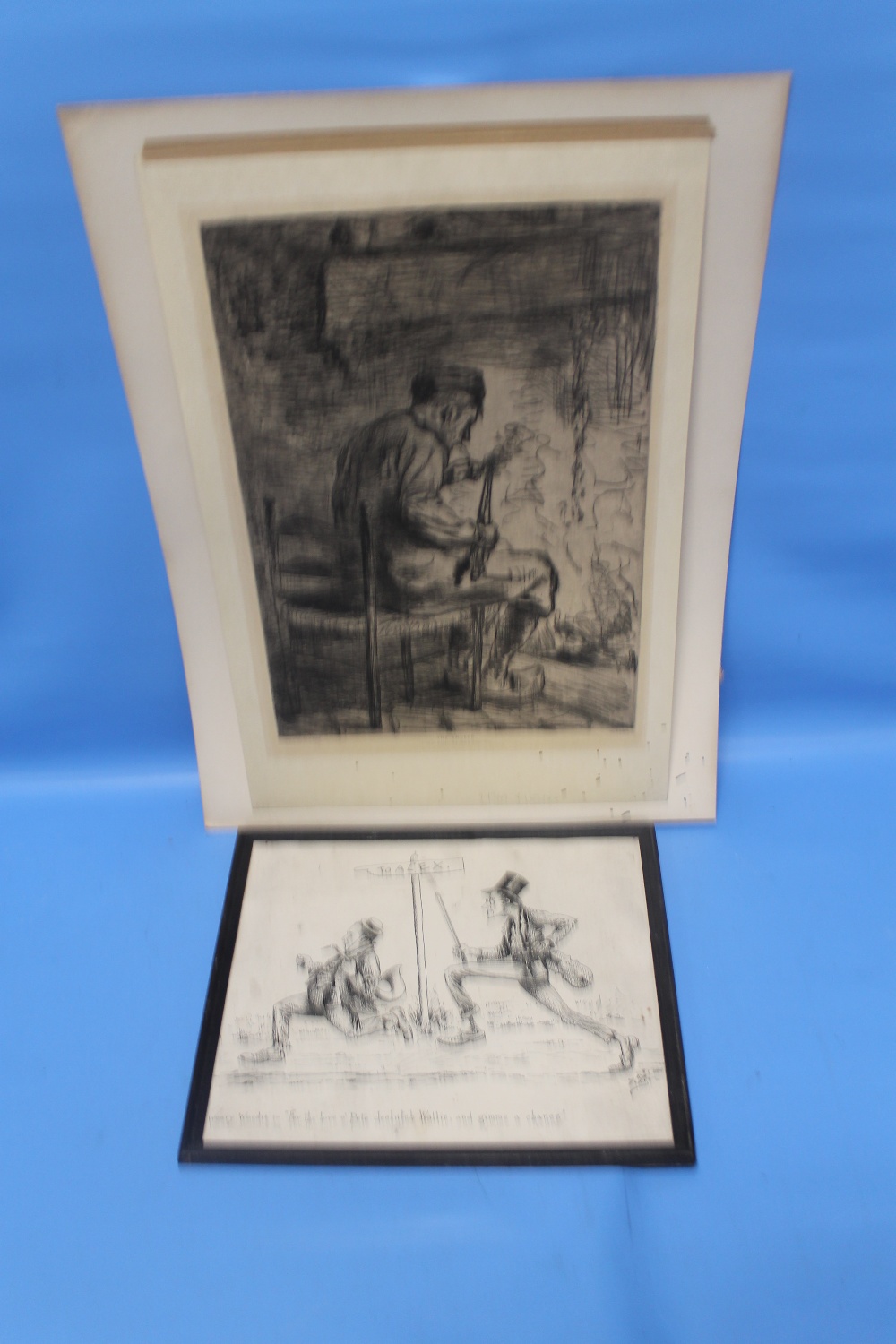 A FRAMED ETCHING TITLED "THE SMOKER", together with a mounted Comical Pen and Ink drawing "Weary