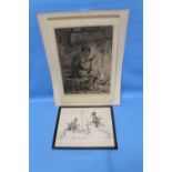 A FRAMED ETCHING TITLED "THE SMOKER", together with a mounted Comical Pen and Ink drawing "Weary