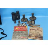 A BOX OF COLLECTABLES TO INCLUDE STAMPS, DESK CALENDAR, PAIR OF BINOCULARS ETC.