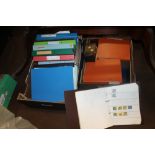 TWO TRAYS OF ASSORTED STAMP ALBUMS WITH CONTENTS