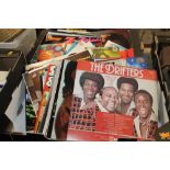 TWO TRAYS OF RECORDS, LPS AND SINGLES TO INCLUDE THE DRIFTERS, THE STYLISTICS ETC.