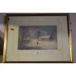 A FRAMED AND GLAZED WATERCOLOUR DEPICTING A RUSTIC WINTER SCENE WITH FIGURE BESIDE A COTTAGE
