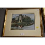 A FRAMED AND GLAZED WATERCOLOUR DEPICTING CATTLE WATERING BEFORE A CASTLE