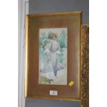 A FRAMED AND GLAZED WATERCOLOUR FULL LENGTH PORTRAIT OF A LADY ENTITLED MADAM