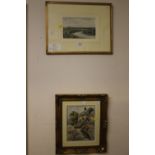 TWO FRAMED AND GLAZED WATERCOLOURS COMPRISING OF A LANDSCAPE SIGNED L LONG AND A COTTAGE SCENE