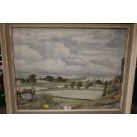 A FRAMED AND GLAZED WATERCOLOUR OF A COUNTRY LANDSCAPE SIGNED LEGGETT