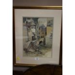 A FRAMED AND GLAZED WATERCOLOUR DEPICTING A CORNISH VILLAGE SIGNED G WALKER