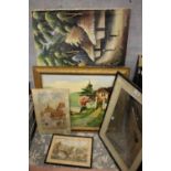 TWO AFRICAN STYLE OIL PAINTINGS TOGETHER WITH TWO WATERCOLOURS, FRAMES ETC