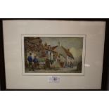 A FRAMED AND GLAZED WATERCOLOUR OF A SEASIDE LANE SCENE WITH FISHERMEN TENDING THEIR NETS ATTRIBUTED