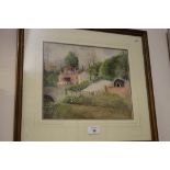 A FRAMED AND GLAZED WATERCOLOUR ENTITLED 'CANAL CROSSING NEAR BROSLEY' BY E ELDRED