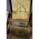 A BOX OF ASSORTED PICTURES AND PRINTS TO INCLUDE OIL ON CANVASES, WATERCOLOURS ETC.