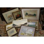 A COLLECTION OF OIL PAINTINGS AND WATERCOLOURS ETC TO INCLUDE A WATERCOLOUR OF A CAT SIGNED E