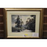 A FRAMED AND GLAZED WATERCOLOUR ENTITLED HAWFORD BRIDGE BY JOHN S PERRY