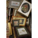 A TRAY OF ASSORTED PRINTS, SILKS ETC