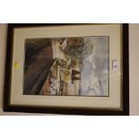 A FRAMED AND GLAZED WATERCOLOUR OF OASTHOUSES SIGNED DIMC 74 LOWER RIGHT