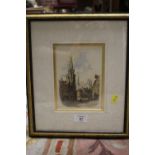 A FRAMED AND GLAZED WATERCOLOUR OF A STREET SCENE WITH A CATHEDRAL ENTITLED CHURCH OF ST LEV AND