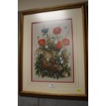 A GILT FRAMED AND GLAZED WATERCOLOUR OF MICE AND A BLUE TIT AMONGST POPPIES SIGNED MITCHELL LOWER