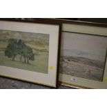 A FRAMED AND GLAZED WATERCOLOUR DEPICTING A FILED OF CORN STOOKS SIGNED A G COLE, TOGETHER WITH