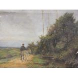 AN UNFRAMED OIL ON CANVAS DEPICTING A MAN AND A DONKEY IN A COUNTRY LANDSCAPE BY SEBASTOPOL SAMUEL