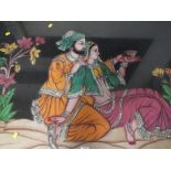 A LARGE GILT FRAMED AND GLAZED EASTERN SILK PICTURE OF A SEATED COUPLE H-93CM X W-123CM