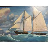 A LARGE GILT FRAMED OIL ON BOARD DEPICTING THE SAIL SHIP ATLANTA ON HIGH SEAS