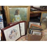 A COLLECTION OF PICTURES AND PRINTS TO INCLUDE A LARGE FIGURAL PRINT OF A LADY, SIGNED GORDON KING P