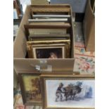 A BOX OF PICTURES AND PRINTS TO INCLUDE GILT FRAMED EXAMPLES