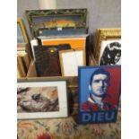 A BOX OF ASSORTED PICTURES AND PRINTS TO INCLUDE A PENCIL SKETCH, MODERN EASTERN OIL PAINTING ETC