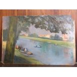 AN UNFRAMED 20TH CENTURY IMPRESSIONIST OIL ON BOARD OF A RIVER SCENE