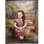 A FRAMED OIL ON BOARD DEPICTING A YOUNG SEATED GIRL BEFORE A STILE