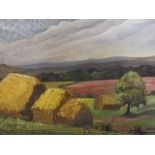 AN UNFRAMED OIL ON CANVAS DEPICTING HAY STACKS IN A COUNTRY LANDSCAPE SIGNED DAVID HOOPER 1932